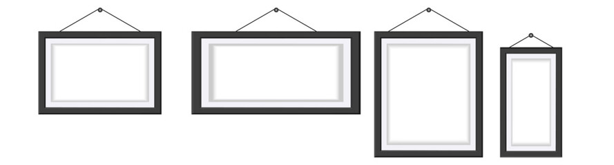 Photo Realistic Black Blank Picture Frame, hanging on a Wall from the Front. mockup isolated on transparent background. Graphic style template. Vector illustration