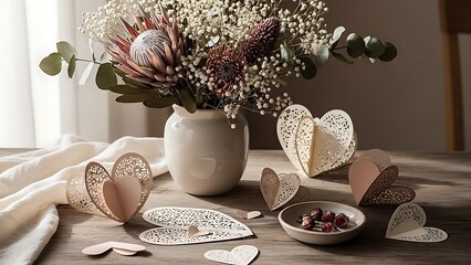 Handcrafted paper hearts and a sophisticated dried flower centerpiece create a charming, romantic setting for a memorable valentine's day celebration