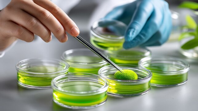 In a well-lit lab, a scientist carefully transfers vibrant green microalgae using tweezers into a Petri dish. The dishes glow with life, showcasing growth and vitality