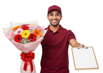 Smiling flower delivery man in uniform holding a colorful bouquet and a clipboard for customer signature against a white background.