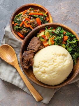Kenyian ugali served with vegetable stew and meat for lunch on a wooden table