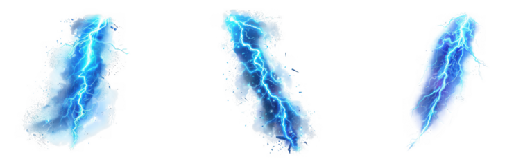 Three vibrant blue electricity or energy bolts with glowing effects perfect for designs on transparent background