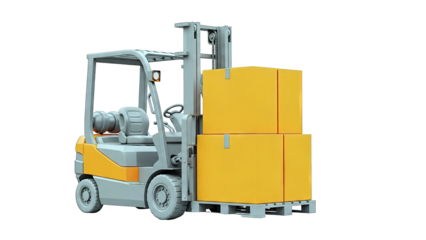 Forklift lifting stacked orange boxes on a pallet