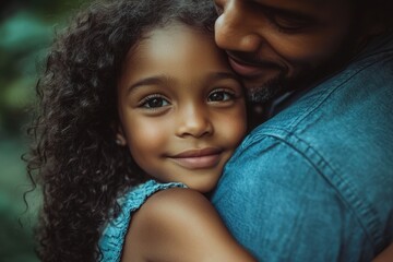 Joyful embrace between parents and their cute daughter in a lush outdoor setting capturing a moment of affection and warmth