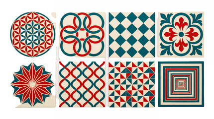Ceramic tile set including geometric, floral, mandalas, and mosaic patterns isolated. Decorative interior design and home renovation collection.