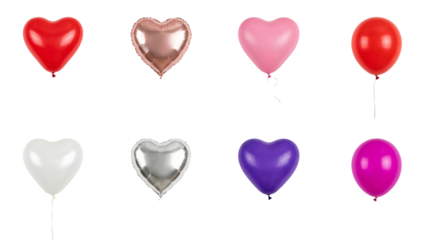 Balloon set including red pink purple white and silver heart shaped and round latex and foil styles isolated. Celebration and party decoration collection.
