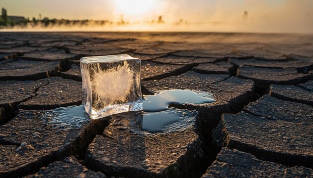 Generated imagA stark image shows an ice cube melting on cracked earth. This conveys the climate crisis as seen by an upload to a stock photo website.