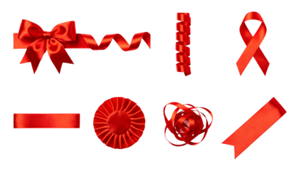 Red satin ribbon set including bow, spiral curl, awareness loop, rosette, and straight banners isolated. Decorative gift wrap and celebration collection.