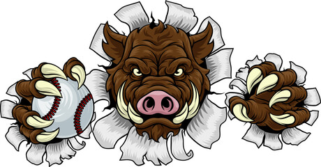 A wild boar, hog razorback warthog pig mean tough cartoon sports mascot holding a baseball ball