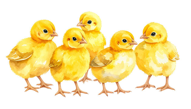 Cute cartoon illustration of little yellow Easter chicks with colorful eggs and a funny baby bird on a spring farm