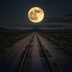 Moon Railway, Endless Tracks, Night Journey, Silent Road, Full Moon Path, Lonely Travel, Dark Landscape, Midnight Route, Mystery Track
