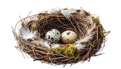 Empty real bird nest made of natural dry straw and brown twigs isolated on a white background as a round animal home object from nature