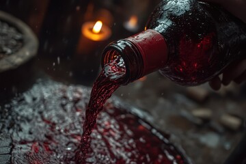 Red wine poured from a bottle into a wine thief in a dimly lit cellar during a vibrant fermentation process amidst flickering candlelight
