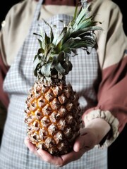 Farmer holding Pineapple in the hands. Rustic vertical photo with close up of old woman hands with ripe Pineapple. Perfect for eco farm tropical fruit market ads banner social media. 