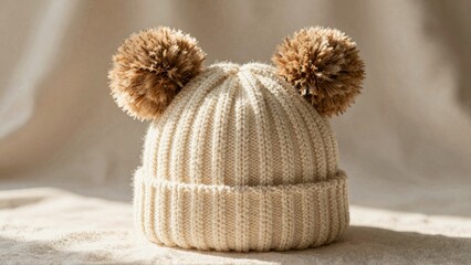 Knitted hat with pompoms on soft fabric background