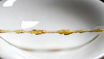 abstract, Wabi-sabi study of a single fermented soybean (natto) thread stretched between two points against white porcelain, focusing on its viscous transparency, organic form 