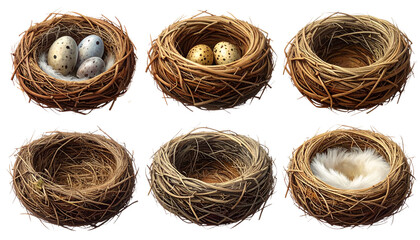 A closeup of a real bird's nest with eggs made of natural straw and dry twigs isolated on a white background