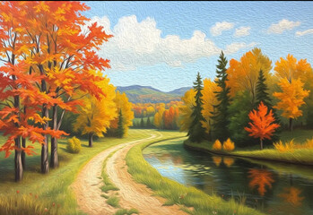 Autumn landscape.  Pattern for printing on wall decorations, fabrics, for use in graphics.  Oil painting.