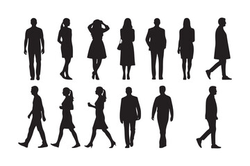 A collection of fourteen black human silhouettes is arranged in two rows against a white background. The figures depict various poses, including standing still and walking, representing a mix
