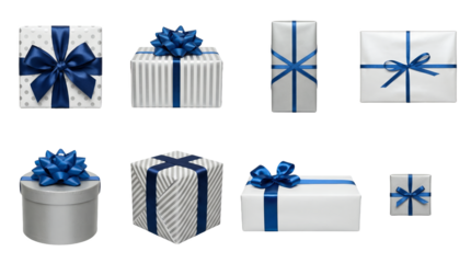 Gift box set including rectangular, square, and round packages with blue satin bows isolated. Christmas and holiday celebration present collection.