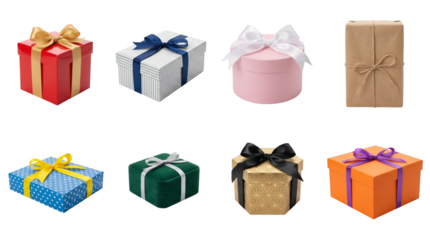 Gift box set including red, blue, pink, kraft, green, gold, and orange styles isolated. Holiday present and surprise collection.