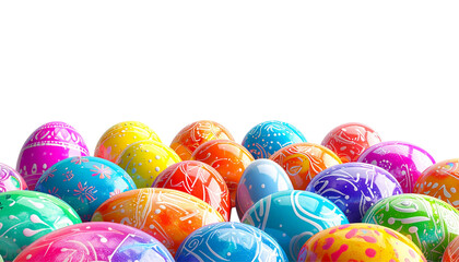 Obraz premium A collection of colorful painted Easter eggs with traditional marble patterns and spring holiday decorations isolated on white for a sweet seasonal celebration