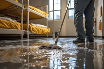 Janitor mops floor in dormitory room as sunlight filters through windows, showcasing cleanliness and attention to detail in daily upkeep