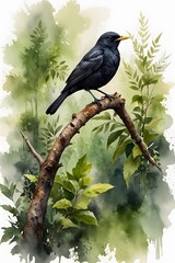 Blackbird perched on a branch in a lush green forest