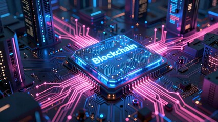Blockchain chip on circuit board with neon cityscape
