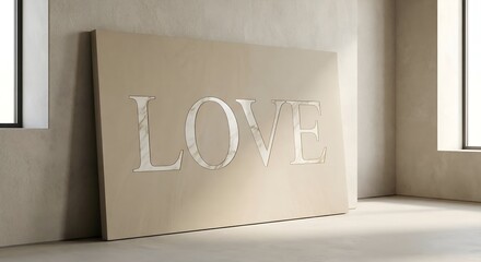 A large beige canvas with the word LOVE cut out in a modern room