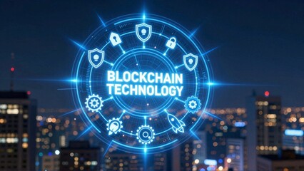 Blockchain technology interface over city skyline at night
