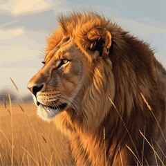 Naklejka premium A majestic lion portrait, bathed in golden sunlight, gazing toward the horizon in a savanna