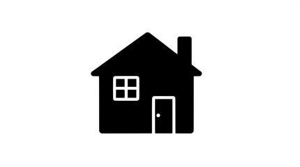 Obraz premium Minimal home icon with a black solid fill, accompanied by white line details for windows and door, presented in a flat vector pictogram style, devoid of shadows and gradients, featuring a simple and c