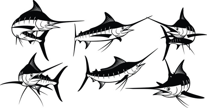 Swordfish and Marlin Silhouette Vector Set with Dynamic Ocean Predator Fish Black Illustration Collection