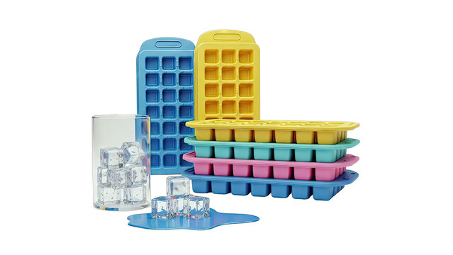 Colorful Ice Cube Trays with Ice Cubes and Melting Ice