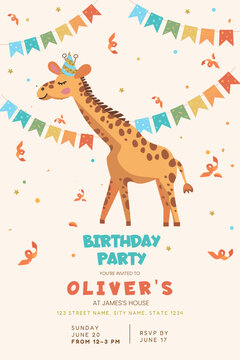 Adorable giraffe-themed birthday party invitation for a kid's celebration. Features a cute giraffe in a party hat with colorful bunting and confetti. Perfect template for a happy child's day.
