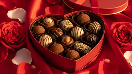 Luxury Heart-Shaped Box of Assorted Chocolate Truffles with Red Roses Petals Romantic Valentine's Day Gift Ideas High Resolution Stock Photo Wallpaper Background