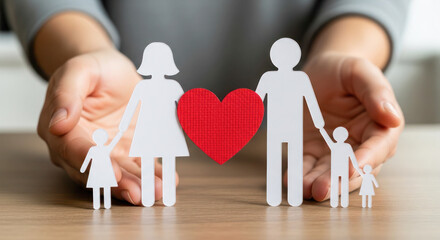 Paper cutout family figures holding hands with a red heart symbol, representing love, unity, and togetherness in a warm, inviting setting