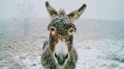 Curious donkey standing in snowy landscape charming winter countryside moment ideal for rural tourism promotion animal welfare campaigns holiday greeting visuals and heartwarming