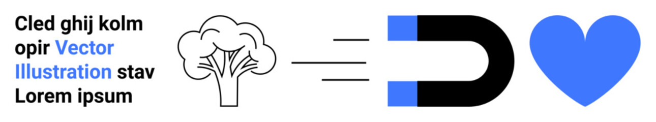 Environmental awareness, sustainability, attraction, care, ecology, conservation. A tree with lines drawn to a magnet and heart. Environmental awareness and sustainability concept