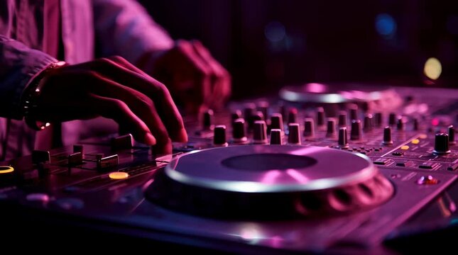 Dynamic view of dj mixing at turntables with studio lighting expressing energy celebration and dance atmosphere ideal for club posters music promos trailers and party advertising