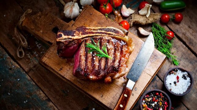 A beautifully prepared steak resting on a rustic wooden table surrounded by herbs spices and fresh ingredients creating a warm inviting atmosphere that highlights comfort flavor and the time