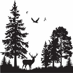 Majestic deer stands amidst serene forest landscape with birds flying overhead
