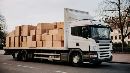 A large delivery truck parked on a quiet street filled with boxes symbolizing transport logistics dependable service and the essential infrastructure that enables goods to move efficiently t
