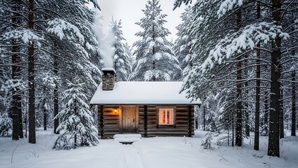 Cozy snow covered cabin in forest.