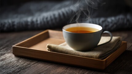 A porcelain cup filled with warm tea gentle steam rising faintly placed on a small wooden tray with