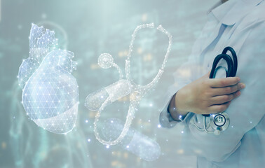 Doctor holding a stethoscope with a futuristic medical hologram interface. Concept of AI in medicine, digital healthcare innovation, smart hospital technology, and virtual anatomy diagnosis.