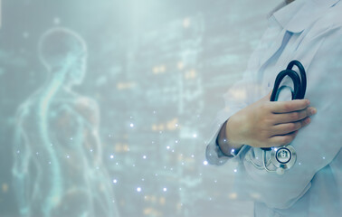 Doctor holding a stethoscope with a futuristic medical hologram interface. Concept of AI in medicine, digital healthcare innovation, smart hospital technology, and virtual anatomy diagnosis.