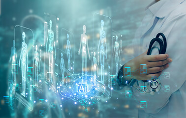 Doctor holding a stethoscope with a futuristic medical hologram interface. Concept of AI in medicine, digital healthcare innovation, smart hospital technology, and virtual anatomy diagnosis.