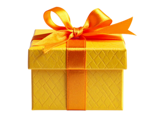 Bright yellow gift box with orange ribbon on white background